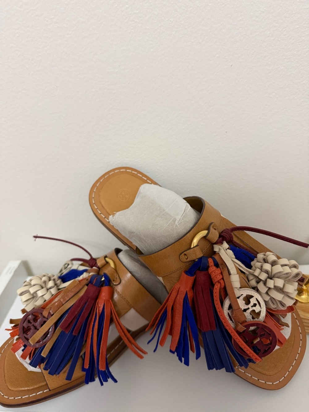 Tory Burch Tan Leather Slide Sandals with Blue & Red Tassels